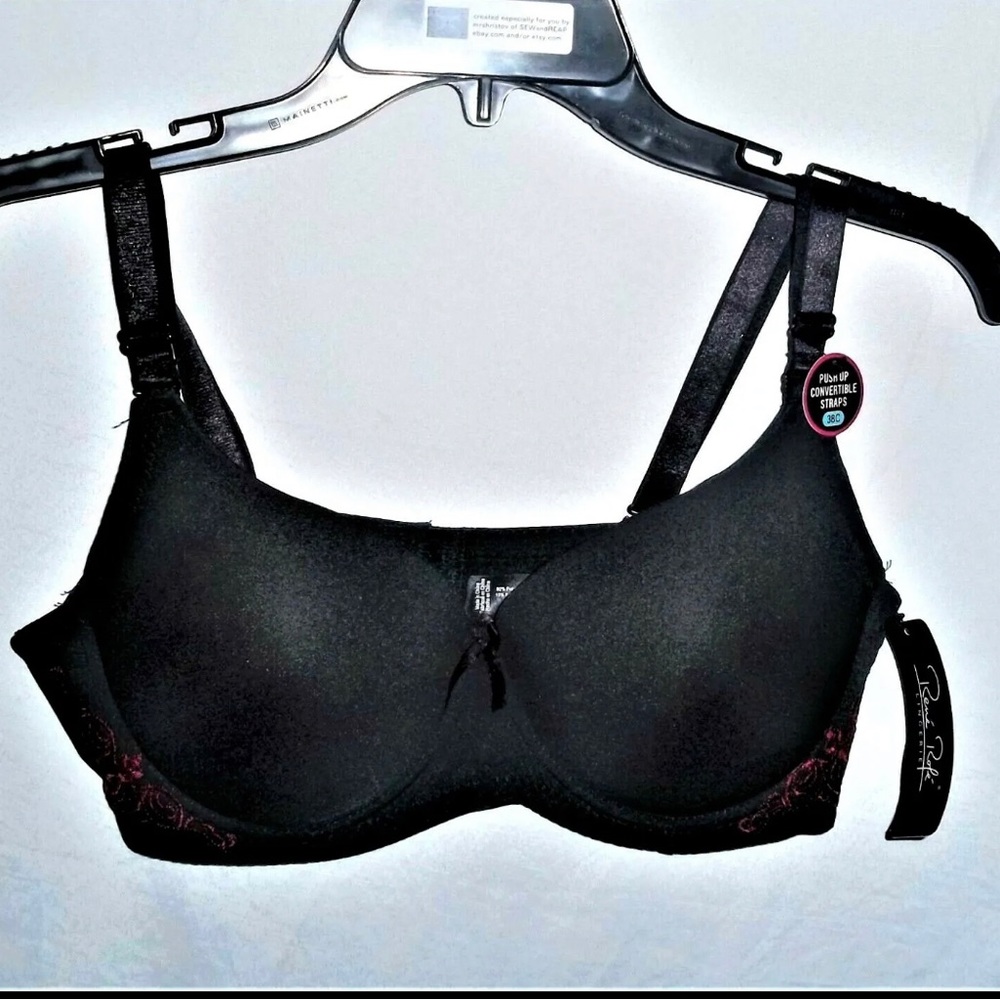 NWT ladies size 38C Rene Rolfe Lingerie black push up underwire bra red detail